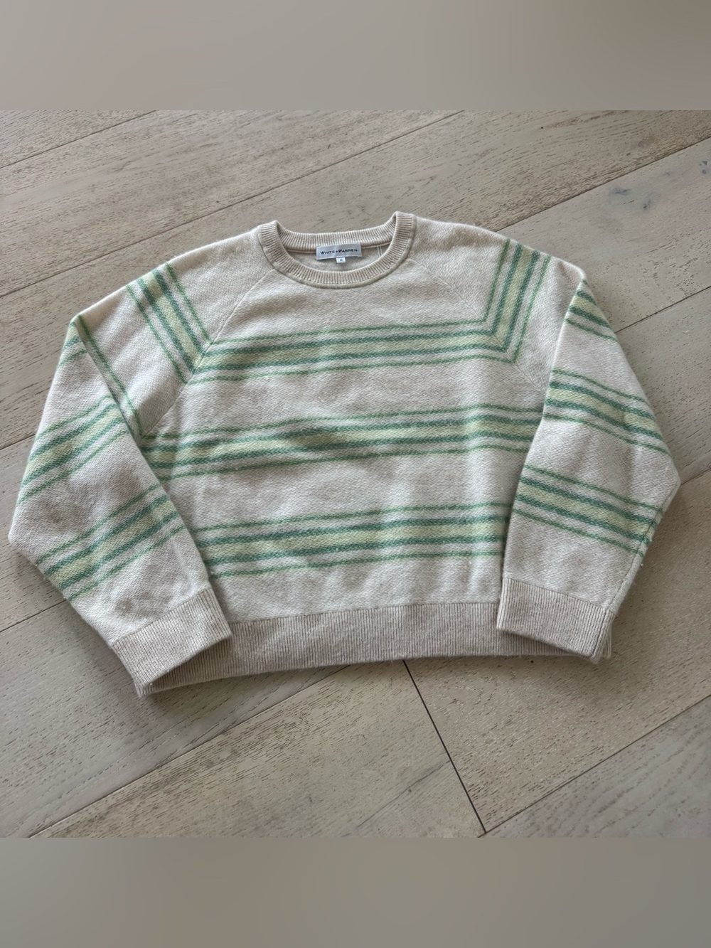 White + Warren 100% Cashmere Striped Sweater ivory  & green Crewneck Size M